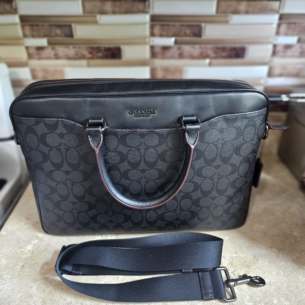 Coach Black Briefcase with Leather Trim and Detachable Strap